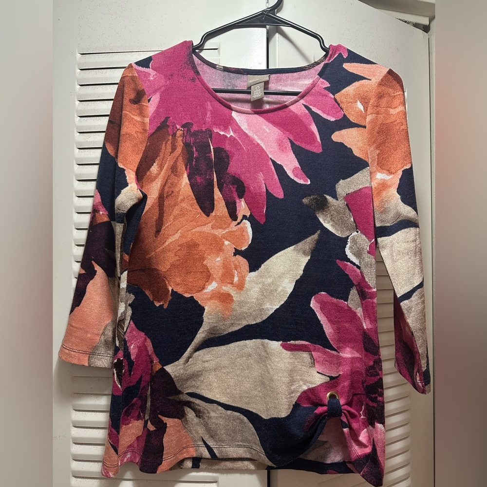 CHICO’S | Floral Pink & Orange, 3/4 Sleeve, Side Ruched Blouse Size 0